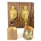 Brass Wall Sconces & Wood Back Panel - Electric Candle Lamps
