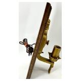 Brass Wall Sconces & Wood Back Panel - Electric Candle Lamps
