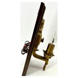 Brass Wall Sconces & Wood Back Panel - Electric Candle Lamps