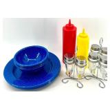 Blue Speckled Enamelware Dinnerware Set with Salt & Pepper Shakers & Condiment Bottles
