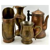 Antique Copper & Brass Pitcher Set: Coffee Pot, Jug & Mug (4-Piece)