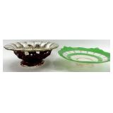 Vintage Compote Bowl Garnet Goofus Glass Grapes Pattern & Green Rim Plate