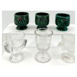 Egg Cups - Clear Glass Rooster & Green Holly-Pattern Ceramic Set (Lot of 6)