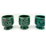 Egg Cups - Clear Glass Rooster & Green Holly-Pattern Ceramic Set (Lot of 6)