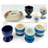 Egg Cups - 8-Piece Mixed Blue Stripes & Floral Patterns (Takahashi San Francisco & Made in England)