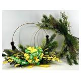 2 Evergreen Wreaths - Circular Hoop with Yellow Bow & Plaid Ribbon