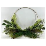2 Evergreen Wreaths - Circular Hoop with Yellow Bow & Plaid Ribbon