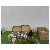 Glassware, Cups, Pitcher & Colored Glass Bowl
