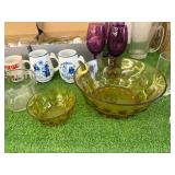 Glassware, Cups, Pitcher & Colored Glass Bowl