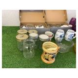 Glassware, Cups, Pitcher & Colored Glass Bowl