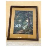 Forest Landscape with Path Leading to Water Signed Art Print in Ornate Dark Wood Frame