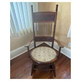 Antique Windsor Rocking Chair - Carved Back & Spindle Details - Upholstered Round Seat