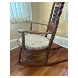 Antique Windsor Rocking Chair - Carved Back & Spindle Details - Upholstered Round Seat