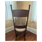 Antique Windsor Rocking Chair - Carved Back & Spindle Details - Upholstered Round Seat