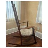 Antique Windsor Rocking Chair - Carved Back & Spindle Details - Upholstered Round Seat