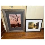 Framed Nature Art Prints - Tree Silhouette at Sunset & Misty Lake Landscape (Pair)