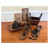 Antique Decor Set: Iron Wall Sconce, Rustic Lantern, Carved Tile Panel, Wooden Plaque