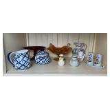 Decorative Ceramic Collection - Blue & White Pitcher, Lidded Jars, Amber Glass Centerpiece (Lot of 9)