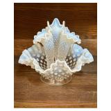 Opalescent Blue Glass Vase with Frilled Edges and Hobnail Texture