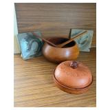 Wooden Salad Bowl with Seving Set, Tortilla Warmer Set - Clay Pot with Lid