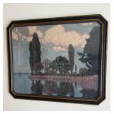 Framed Lakeside Landscape Art Print with Tall Trees by Water
