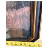 Framed Lakeside Landscape Art Print with Tall Trees by Water