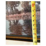 Framed Lakeside Landscape Art Print with Tall Trees by Water