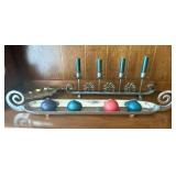 Wrought Iron Candelabrum 4-Arm With Teal Candles - Hammered Tray With 4 Glass Orbs