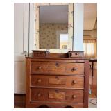 Antique 5 Drawer Wood Chest  with Floating Mirror, 2 Small Upper Drawers