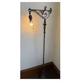 Ornate Cast-Iron Floor Lamp with Scroll Arm and Lattice Base