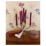 Brass Candelabra with Red Candles - White Bird Figurine - Patterned Round Tin Box
