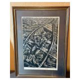 Marine Woodcut Print - Framed Sailboat in Rough Seas
