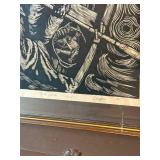 Marine Woodcut Print - Framed Sailboat in Rough Seas