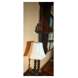 Vintage Table Lamp with White Shade & Ornate Wood Wall Shelf