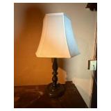 Vintage Table Lamp with White Shade & Ornate Wood Wall Shelf