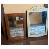 Pair of Vintage Wooden Wall Mirrors - Brown Rectangular & Pale Green Ornate Frame