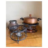 Fondue w/ Lid on Stand - Rustic Metal Vase - Wrought Iron Candle Cage
