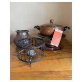 Fondue w/ Lid on Stand - Rustic Metal Vase - Wrought Iron Candle Cage
