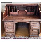 Antique Oak Roll-Top Desk - Tambour, Upper Cubby Shelves & Dual Pedestal Drawers