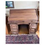 Antique Oak Roll-Top Desk - Tambour, Upper Cubby Shelves & Dual Pedestal Drawers