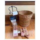 Toilet Paper Holder on Stand - Wrought-Iron, Wicker Hamper, LL Bean Cedar Blocks, Clothespins