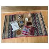 Assorted Tribal Artifacts on Woven Rug - Canvas Pouch, Leather Medallion, Stone Beads, Textiles