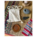 Assorted Tribal Artifacts on Woven Rug - Canvas Pouch, Leather Medallion, Stone Beads, Textiles