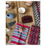 Assorted Tribal Artifacts on Woven Rug - Canvas Pouch, Leather Medallion, Stone Beads, Textiles