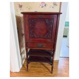 Vintage Carved Wood Cabinet with Drawer and Open Shelves