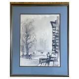Framed Monochrome Ink Wash Landscape Painting - Signed Molder Grayscale City Scene