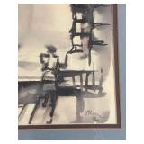 Framed Monochrome Ink Wash Landscape Painting - Signed Molder Grayscale City Scene