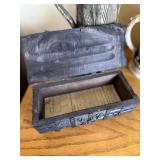 Hand-Carved Black Wooden Keepsake Box with Parchment Interior - Vintage Trinket Chest, Steins