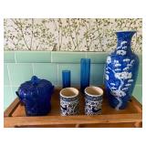 Blue & White Porcelain Vase with Floral Design - Includes Lidded Jar, 2 Cups, & 2 Glass Tumblers