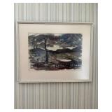 Framed Landscape Painting - Abstract Scene with Tree & Fence